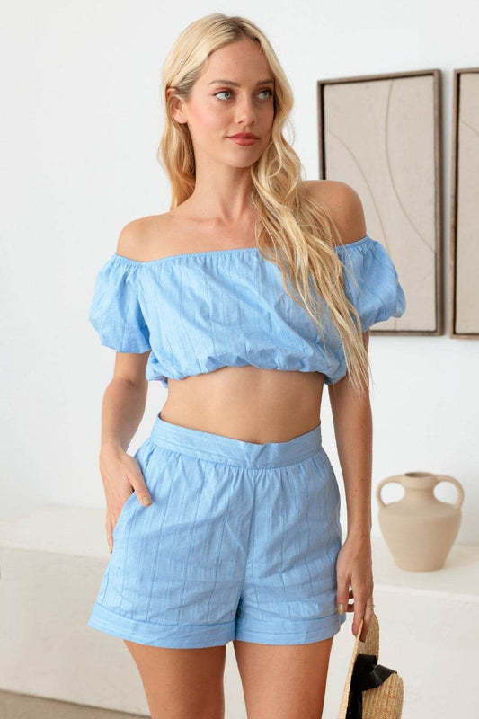 Le Lis Off Shoulder Crop Top and High Waist Shorts Set - Hovatok