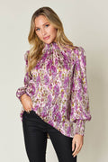 Double Take Full Size Printed Smocked Long Sleeve Blouse - Hovatok