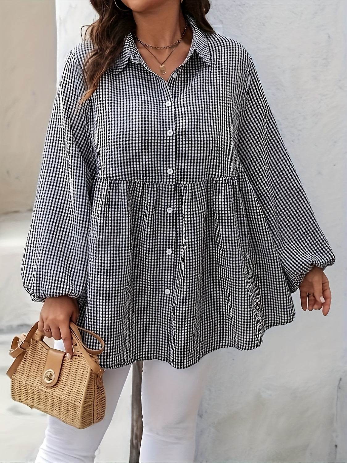 Plus Size Plaid Collared Neck Long Sleeve Shirt - Hovatok