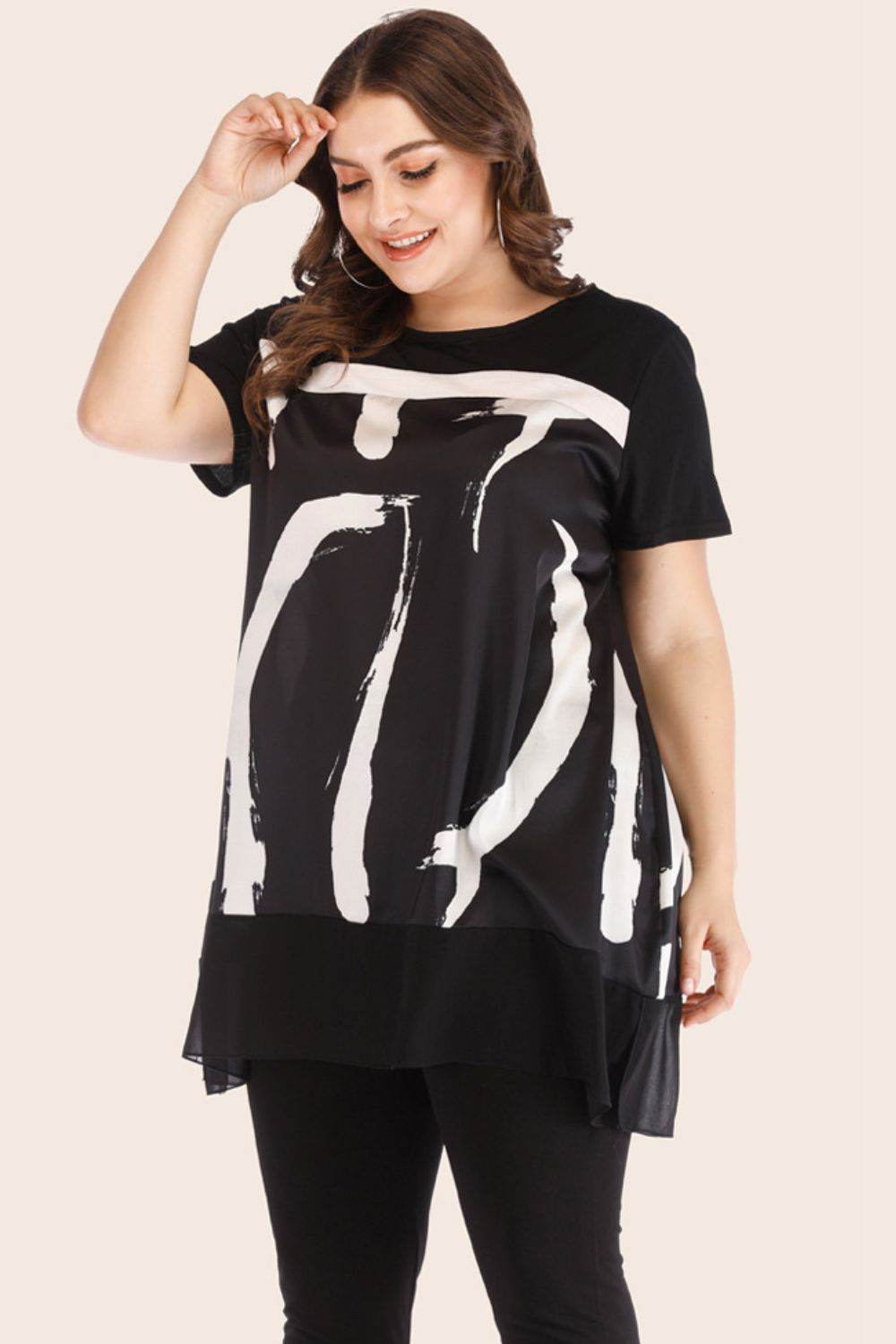 Plus Size Contrast Spliced Mesh T-Shirt and Cropped Leggings Set - Hovatok