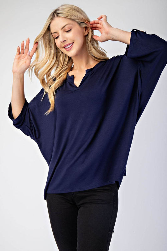 Celeste Full Size Notched Three-Quarter Sleeve Blouse - Hovatok