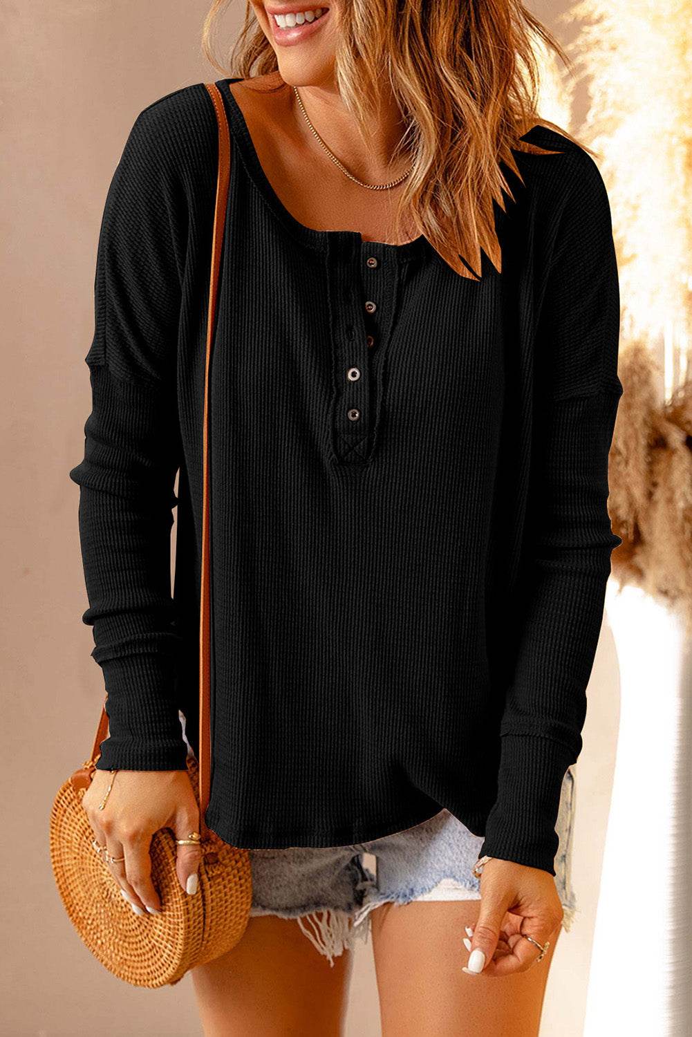 Double Take Full Size Half Button Drop Shoulder T-Shirt - Hovatok
