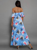 Pleated Floral Off-Shoulder Short Sleeve Midi Dress - Hovatok