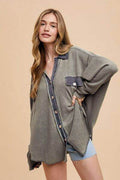 Annie Wear Waffle-Knit Mineral Washed Button Down Shirt - Hovatok