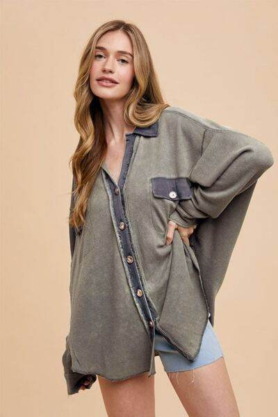 Annie Wear Waffle-Knit Mineral Washed Button Down Shirt - Hovatok