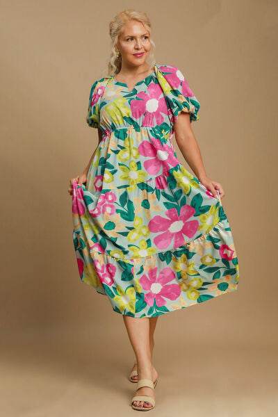 Umgee Full Size Tiered Floral Print Notched Puff Sleeve Midi Dress Plus Size - Hovatok
