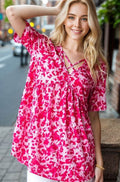 Heimish Full Size Short Sleeve Crisscross Animal Babydoll Top Plus Size - Hovatok