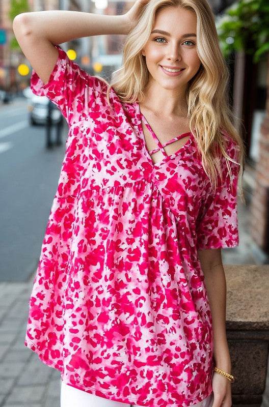 Heimish Full Size Short Sleeve Crisscross Animal Babydoll Top Plus Size - Hovatok