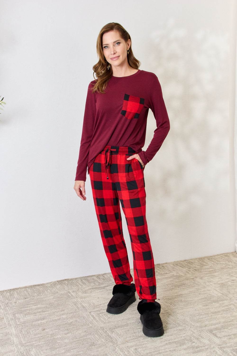 Zenana Full Size Plaid Round Neck Top and Pants Pajama Set - Hovatok