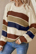 Contrast Striped Round Neck Long Sleeve Sweater - Hovatok