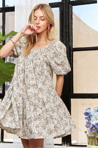 ADORA Floral Square Neck Puff Sleeve Dress - Hovatok