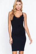 ACTIVE BASIC V-Neck Lace Trim Ribbed Seamless Cami Dress - Hovatok