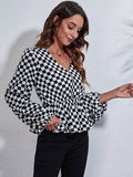 Checkered V-Neck Balloon Sleeve Peplum Blouse - Hovatok