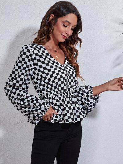 Checkered V-Neck Balloon Sleeve Peplum Blouse - Hovatok