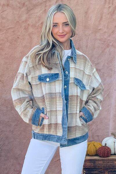 And The Why Full Size Washed Denim Detail Brushed Plaid Jacket - Hovatok