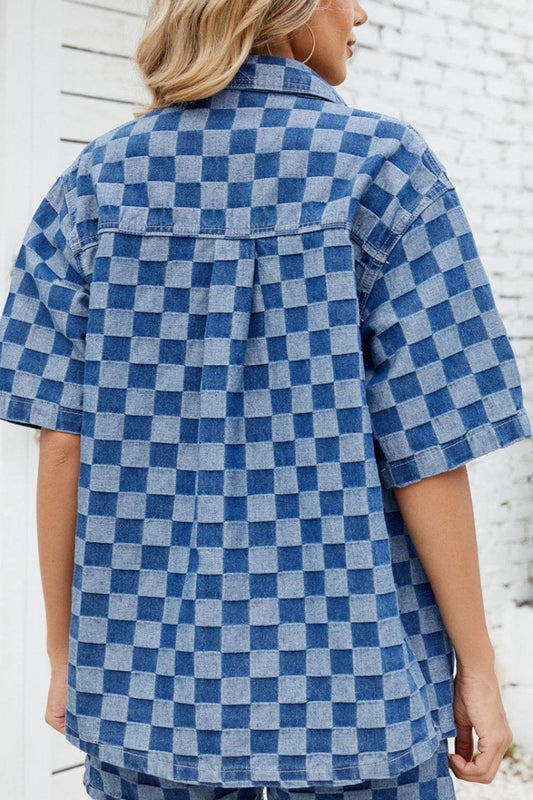 Button Down Checkered Denim Shirt - Hovatok