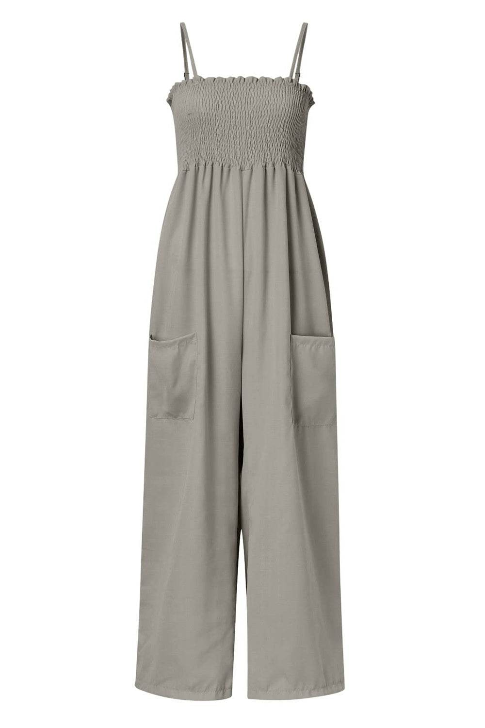 Smocked Spaghetti Strap Wide Leg Jumpsuit - Hovatok