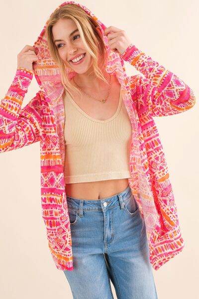 And The Why Full Size Printed Thermal Hooded Open Front Cardigan - Hovatok