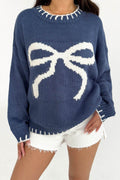 Bow Graphic Round Neck Long Sleeve Sweater - Hovatok