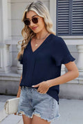 Ruffled V-Neck Short Sleeve Blouse - Hovatok