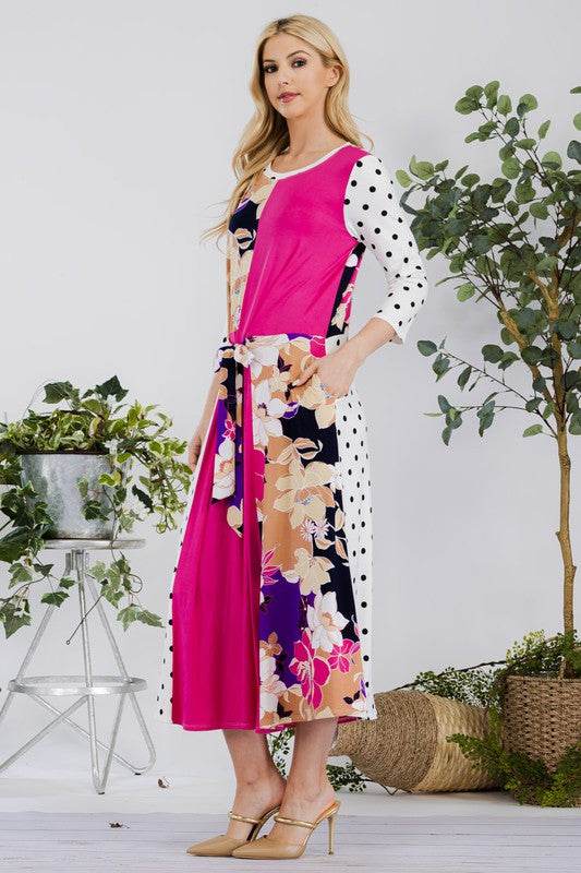 Celeste Full Size Multi Pattern Front Tie Midi Dress Plus Size - Hovatok