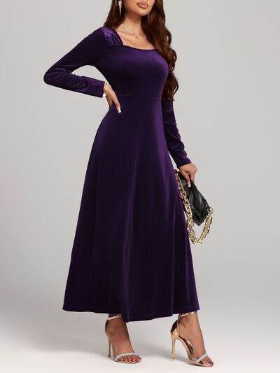 Square Neck Long Sleeve Velvet Dress - Hovatok