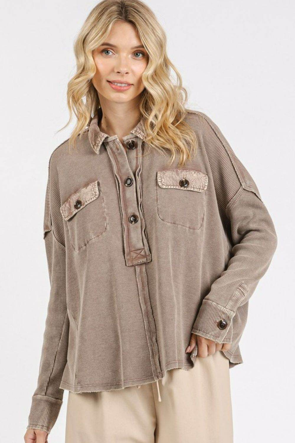 Mittoshop Mineral Wash Waffle Knit Collared Neck Henley Top - Hovatok