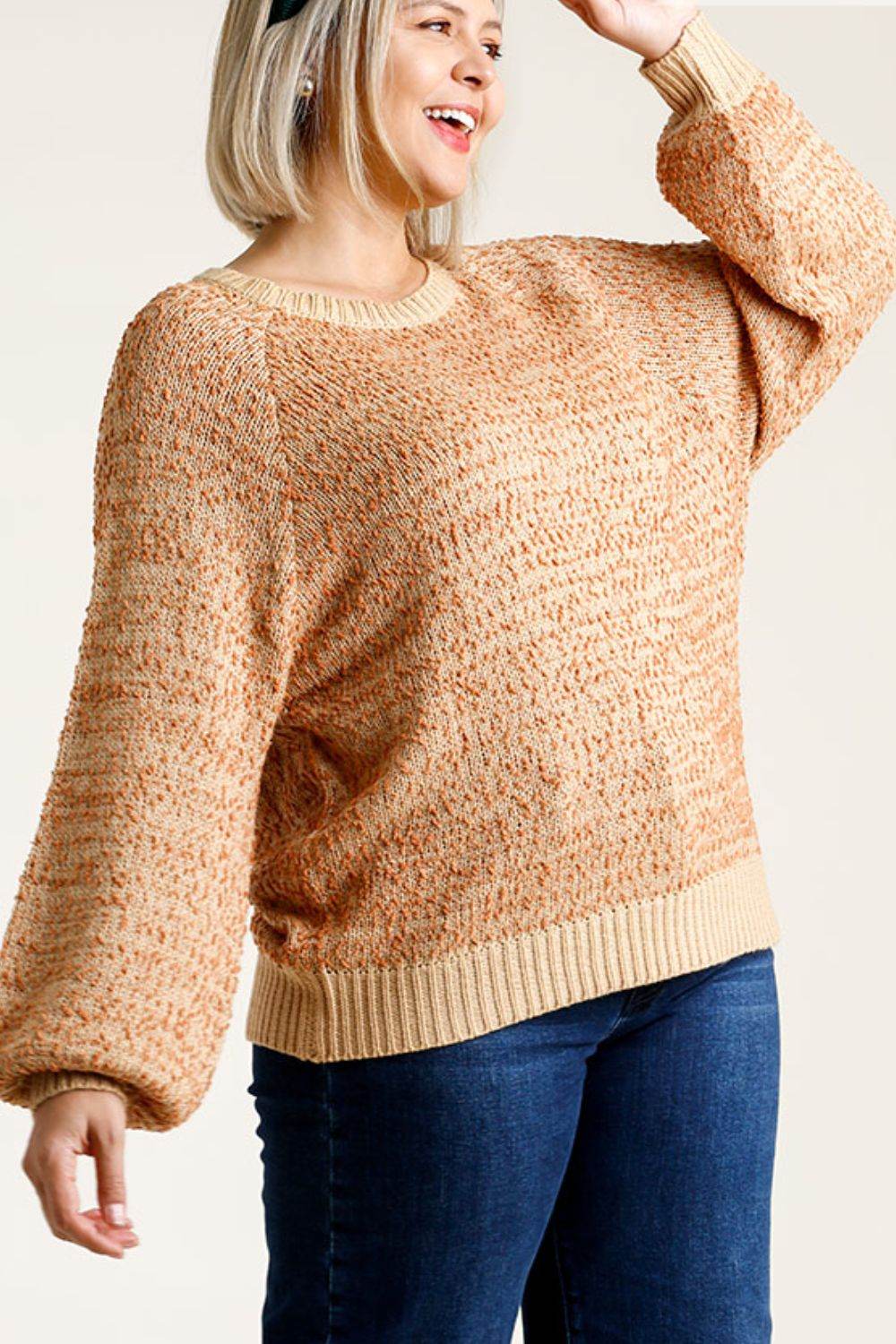 Umgee Full Size Ribbed Hem Round Neck Long Sleeve Popcorn Sweater Plus Size - Hovatok