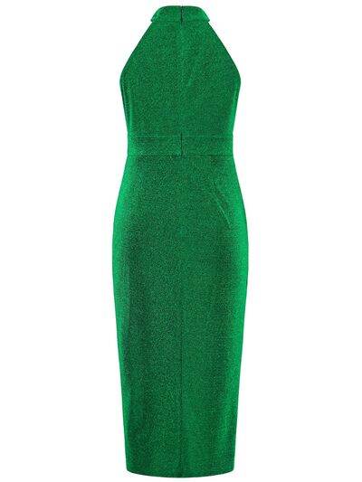Slit Ruched Mock Neck Sleeveless Dress - Hovatok