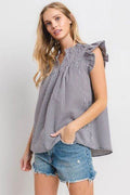 Ces Femme Plaid Notched Ruffled Cap Sleeve Blouse - Hovatok