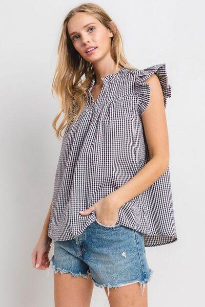 Ces Femme Plaid Notched Ruffled Cap Sleeve Blouse - Hovatok