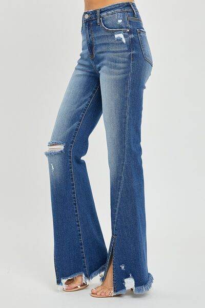 RISEN Full Size High Rise Front Slit Frayed Hem Flare Jeans - Hovatok