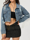 Distressed Fringe Collared Neck Cropped Denim Top - Hovatok