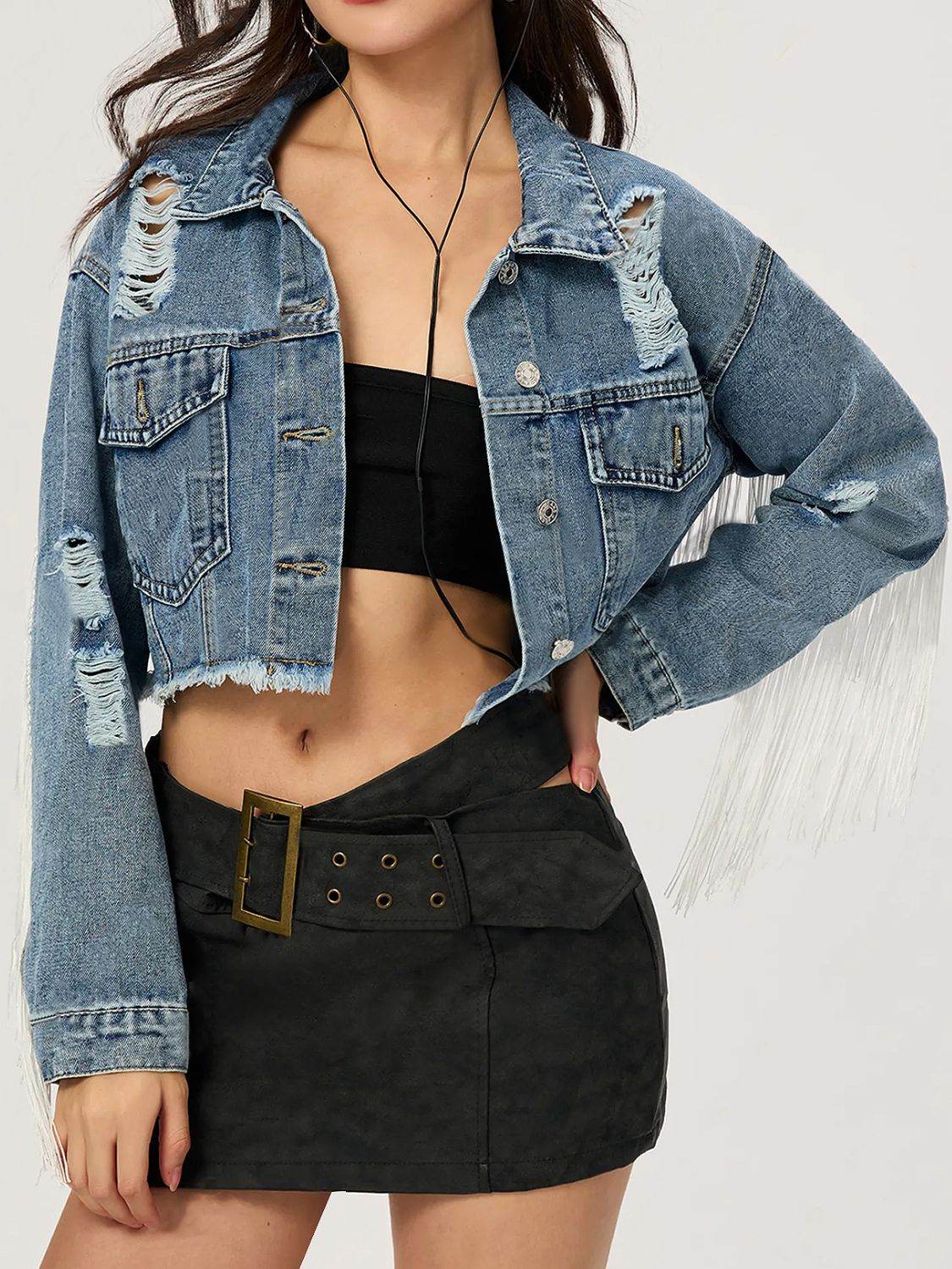 Distressed Fringe Collared Neck Cropped Denim Top - Hovatok