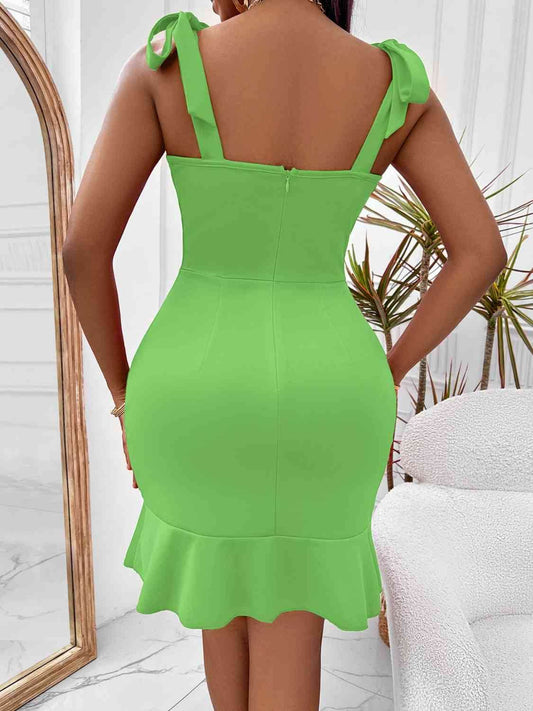 Tie-Shoulder Sweetheart Neck Ruffled Dress - Hovatok