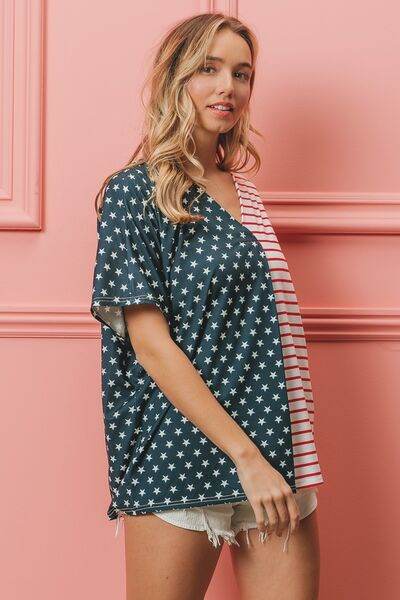 BiBi US Flag Themed Color Block Short Sleeve T-Shirt - Hovatok