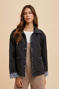 Annie Wear Quilted Printed Lining Snap Down Denim Jacket - Hovatok