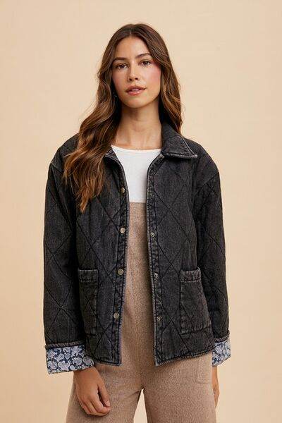 Annie Wear Quilted Printed Lining Snap Down Denim Jacket - Hovatok