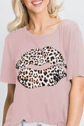 Heimish Full Size Leopard Lip Round Neck Short Sleeve T-Shirt Plus Size - Hovatok