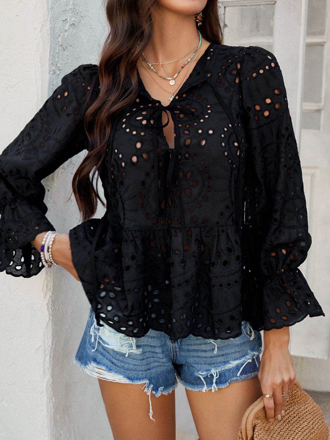 Devine Tie Front Flounce Sleeve Peplum Blouse - Hovatok