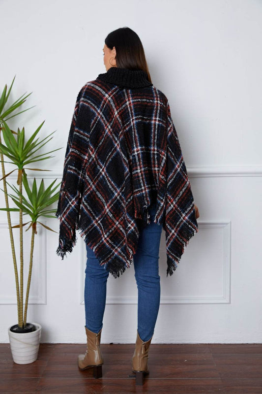 Shiny Turtleneck Plaid Raw Hem Sweater - Hovatok