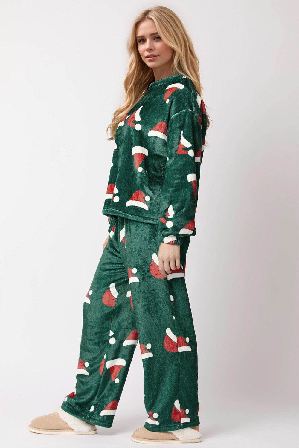 Christmas Hat Pattern Round Neck Long Sleeve Top and Pants Set - Hovatok