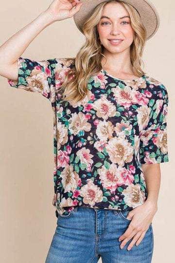 BOMBOM Floral Round Neck T-Shirt - Hovatok
