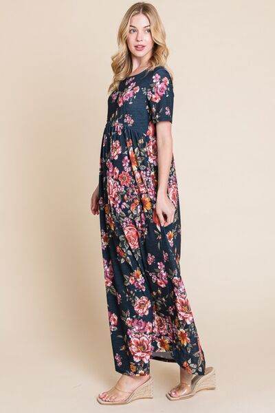 BOMBOM Floral Short Sleeve Maxi Dress - Hovatok