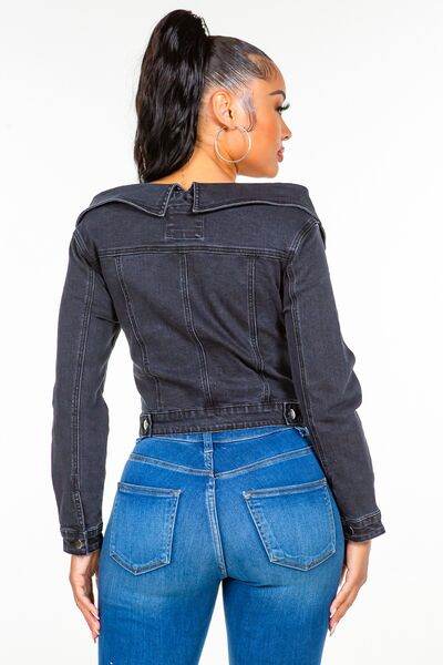 American Bazi Off Shoulder Lace Up Denim Jacket - Hovatok