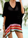 Slit Openwork V-Neck Half Sleeve Cover-Up - Hovatok