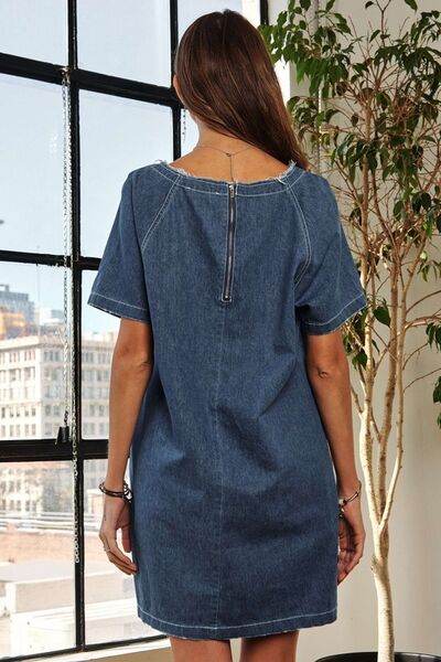 ADORA Raw Hem Mini Denim Dress with Pockets - Hovatok