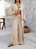 Devine Button Down Long Sleeve Top and Wide Leg Pants Set - Hovatok