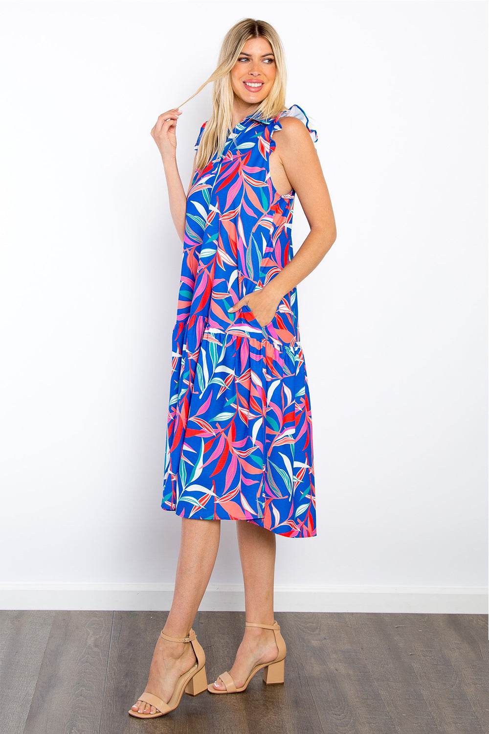Be Stage Print Ruffled Midi Dress with Pockets - Hovatok