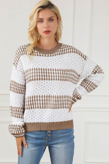 Striped Round Neck Long Sleeve Knit Top - Hovatok